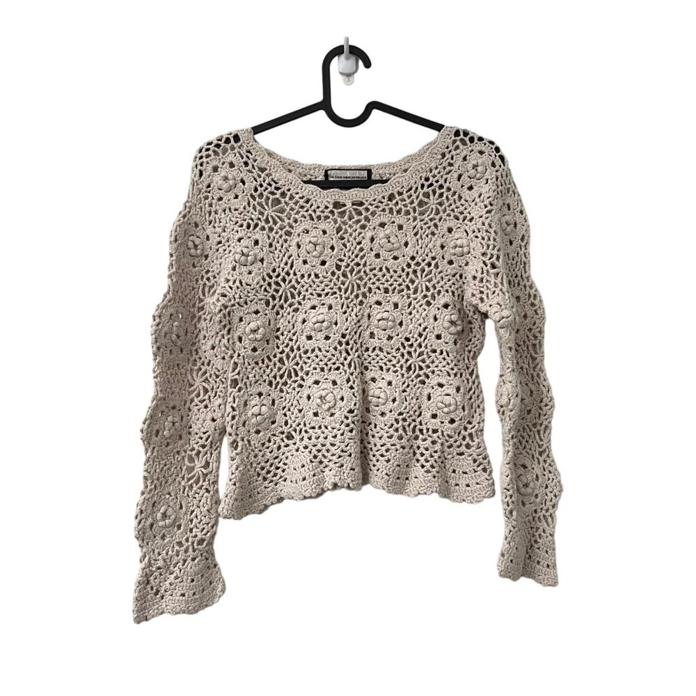 Great American Sweater Y2K Beige Floral Crochet Cropped Pullover Small